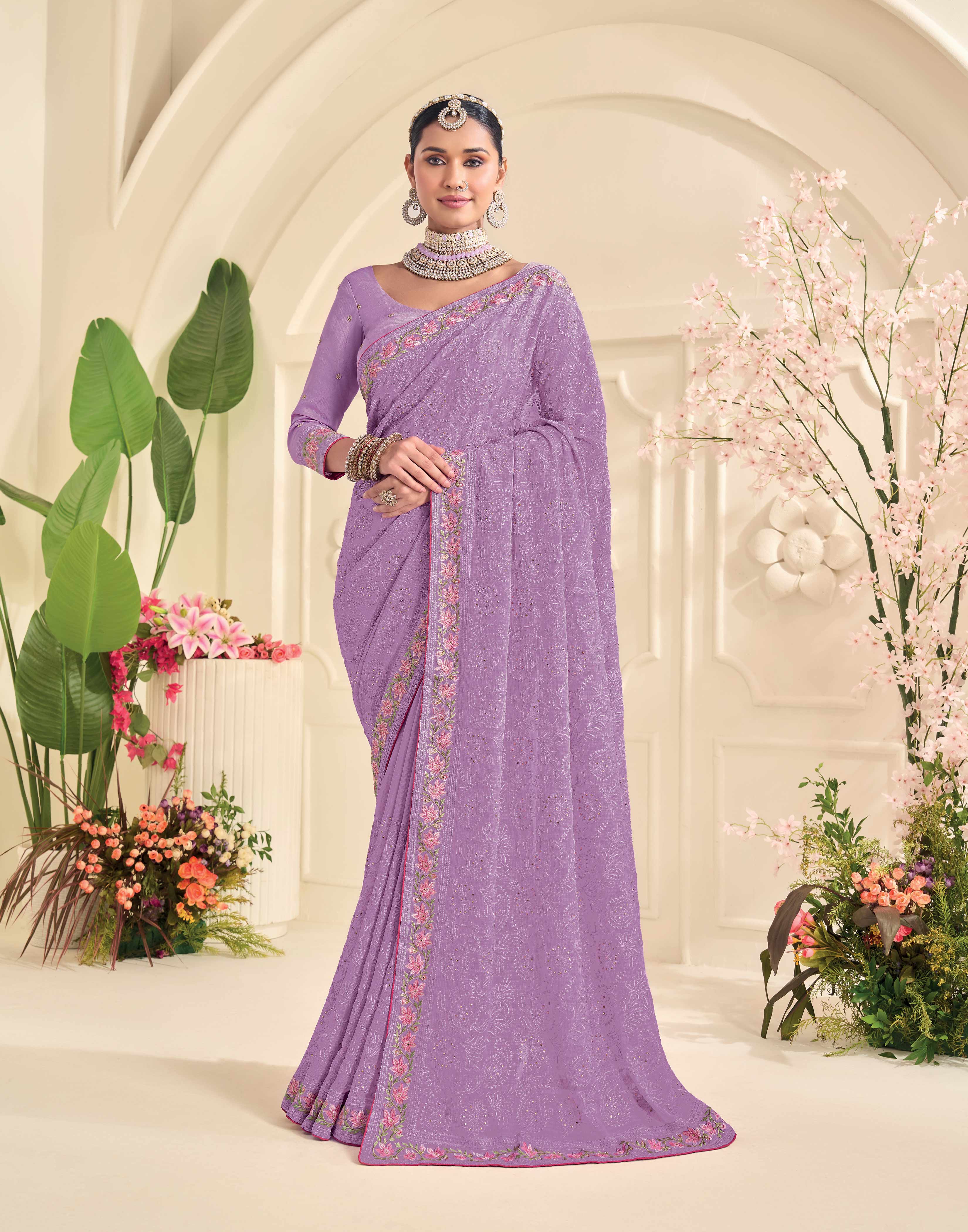 Laxmipati Popcorn Floral Embroidered Chiffon Saree in Lavender Color