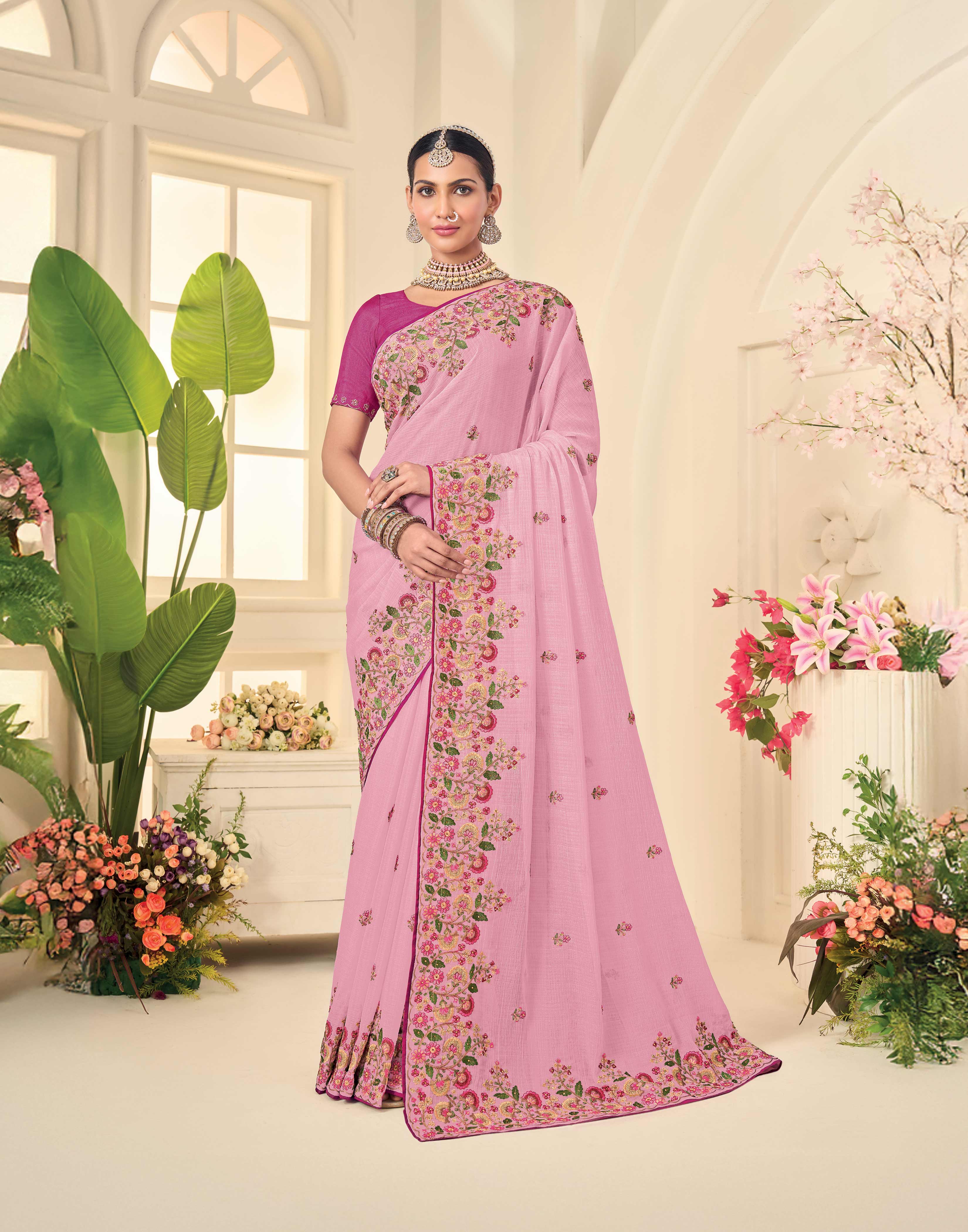 Laxmipati Popcorn Floral Embroidered Chiffon Saree in Pink Color