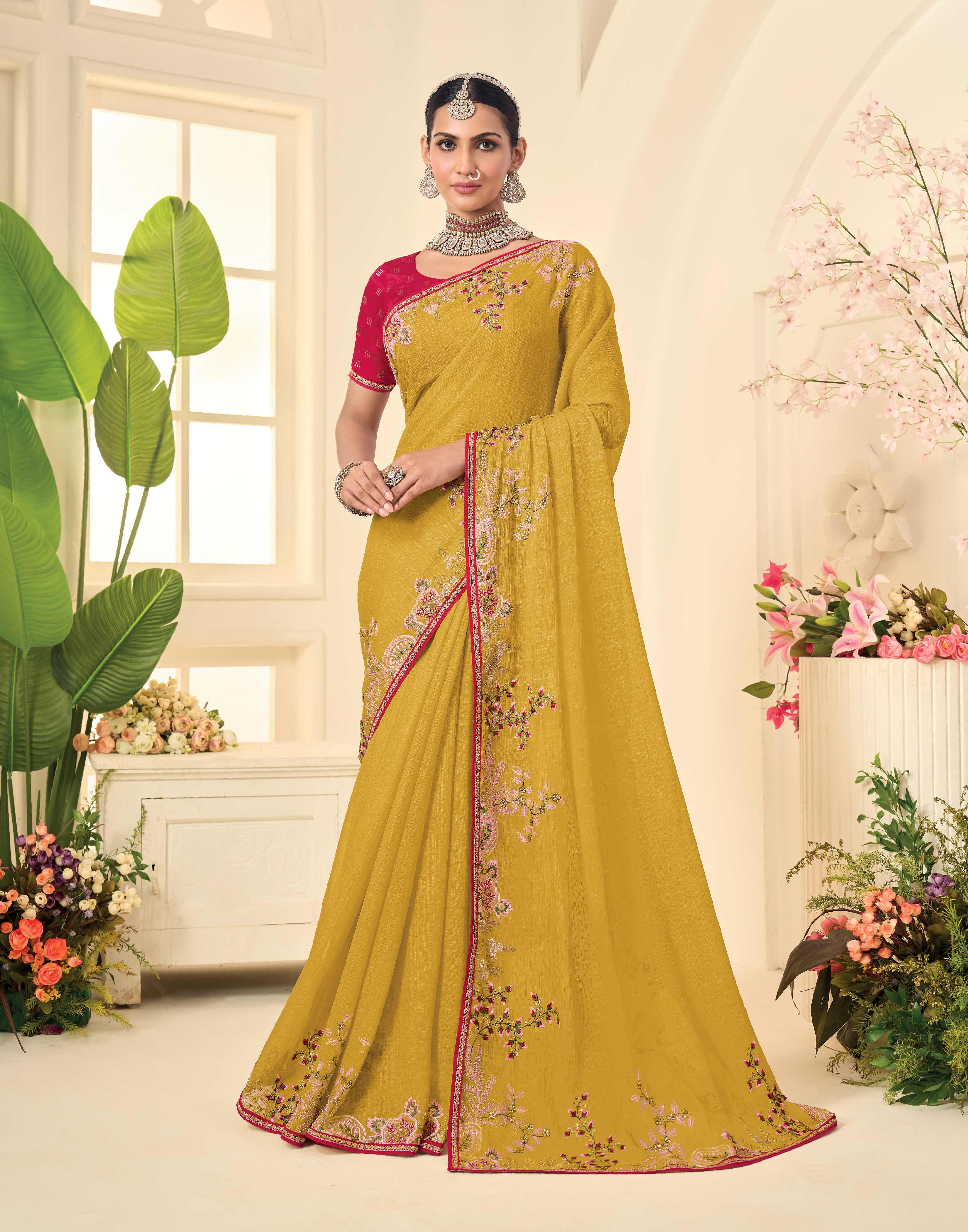Laxmipati Popcorn Floral Embroidered Chiffon Saree in Mustard Color