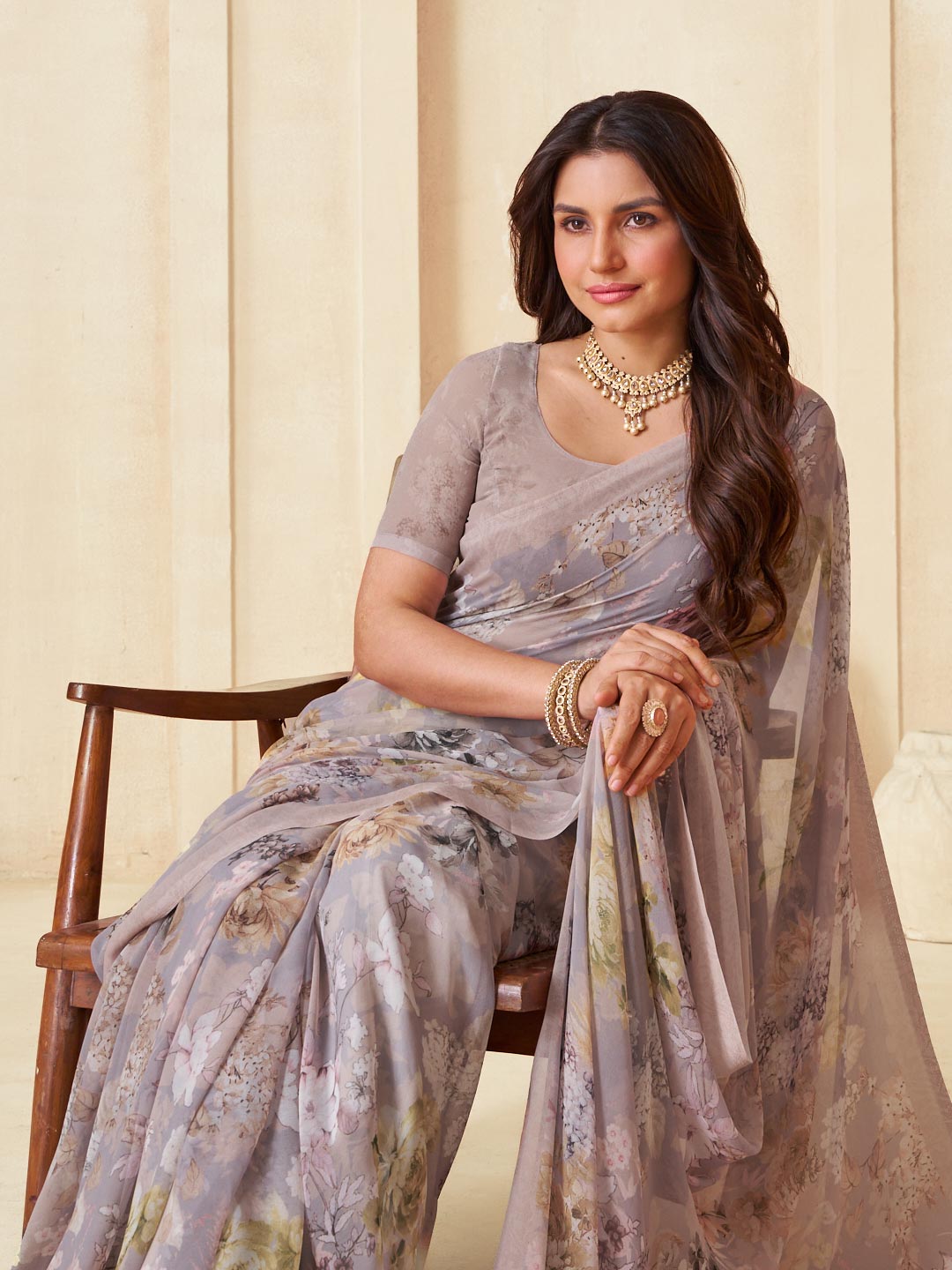 Brown floral georgette saree elegant look