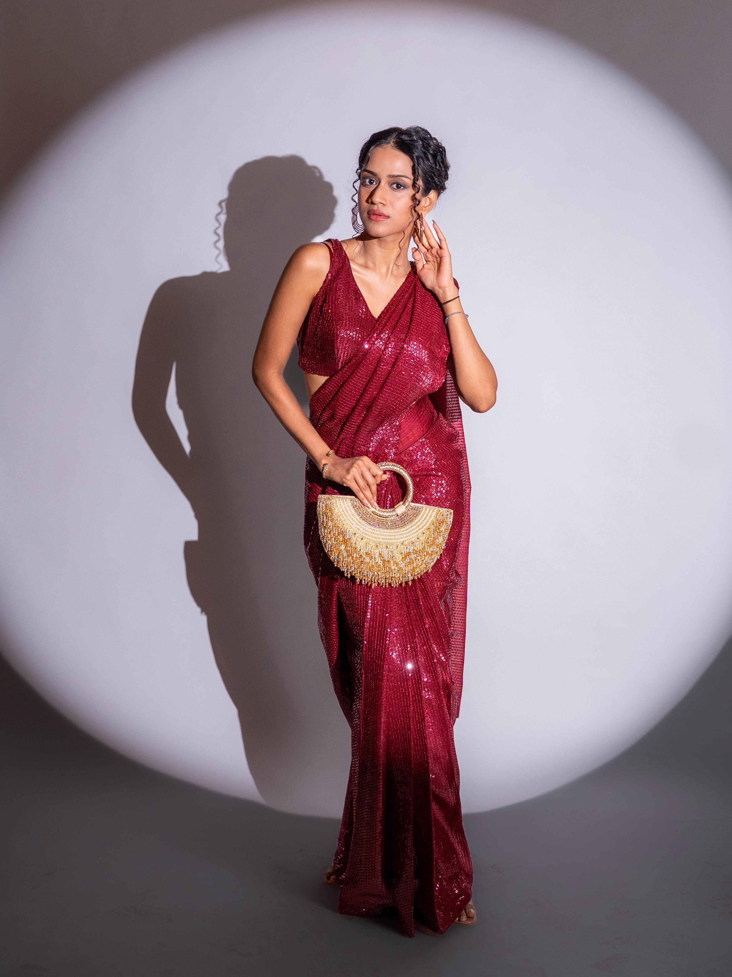 Maroon sequin embroidered georgette saree party wear