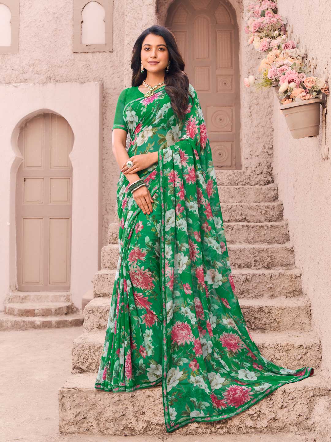 Green georgette floral print saree