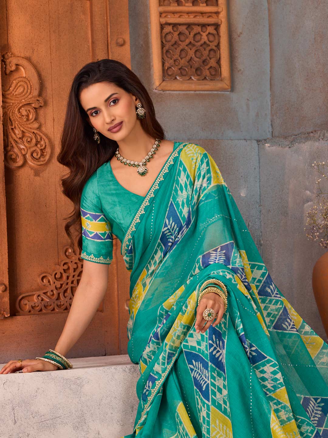Blue beaded geometric printed chiffon saree party wear