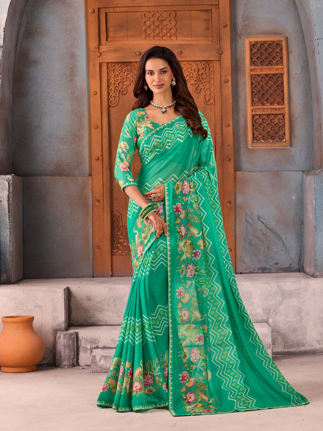 Green floral and geometric printed chiffon saree daily wear