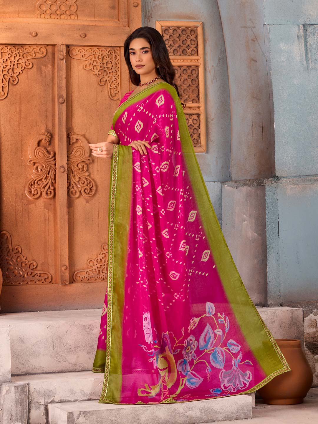 Pink geometric printed chiffon saree casual wear