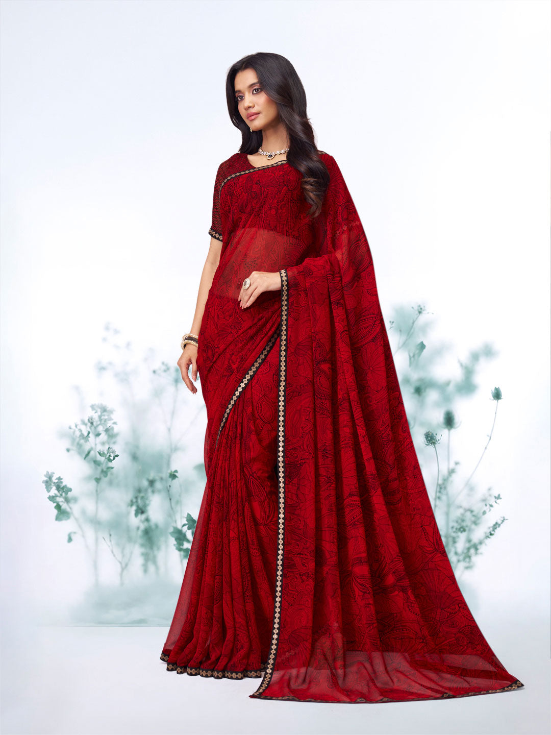 Red floral printed georgette saree party wear