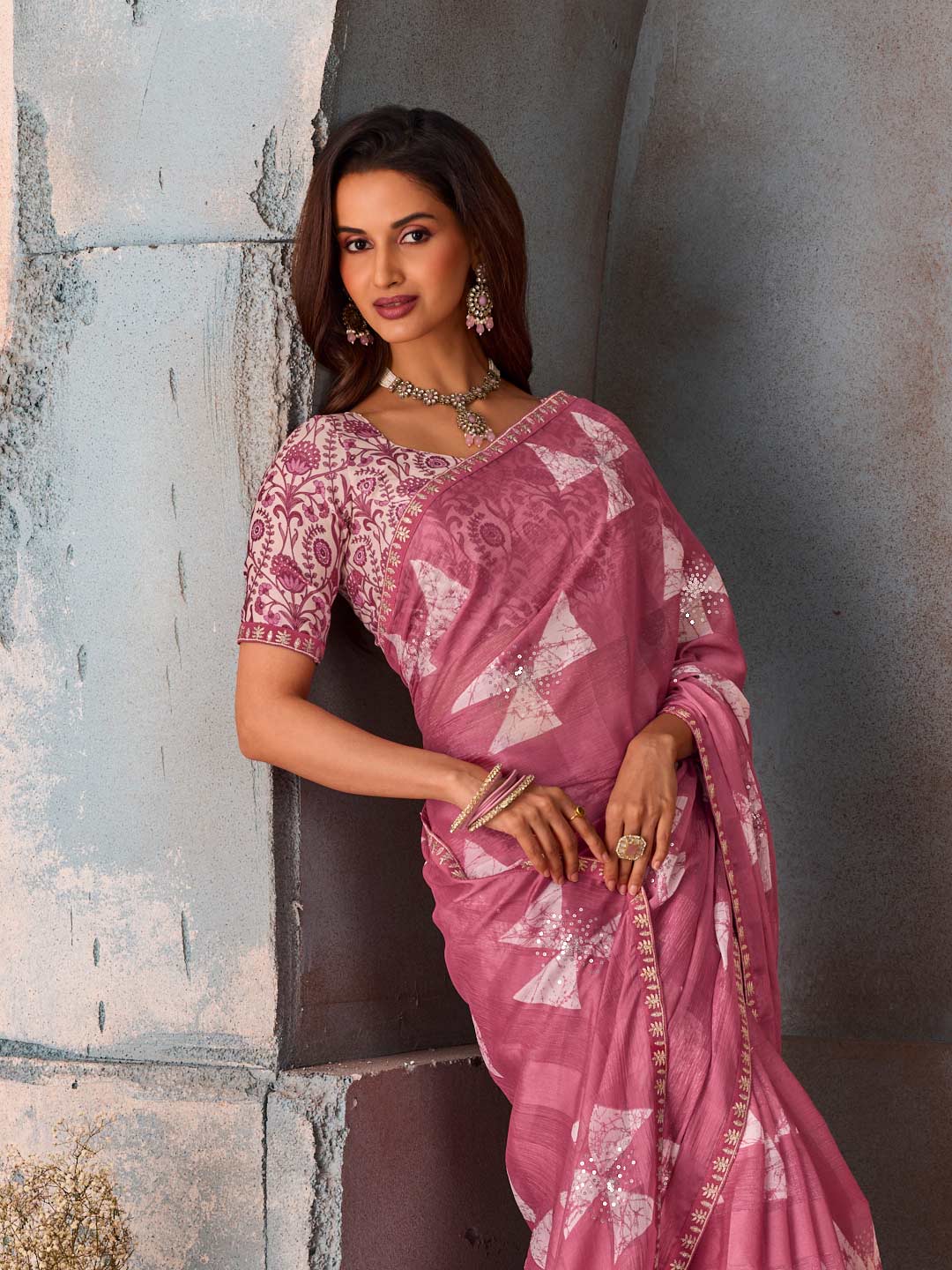 Pink abstract sequin chiffon saree party wear