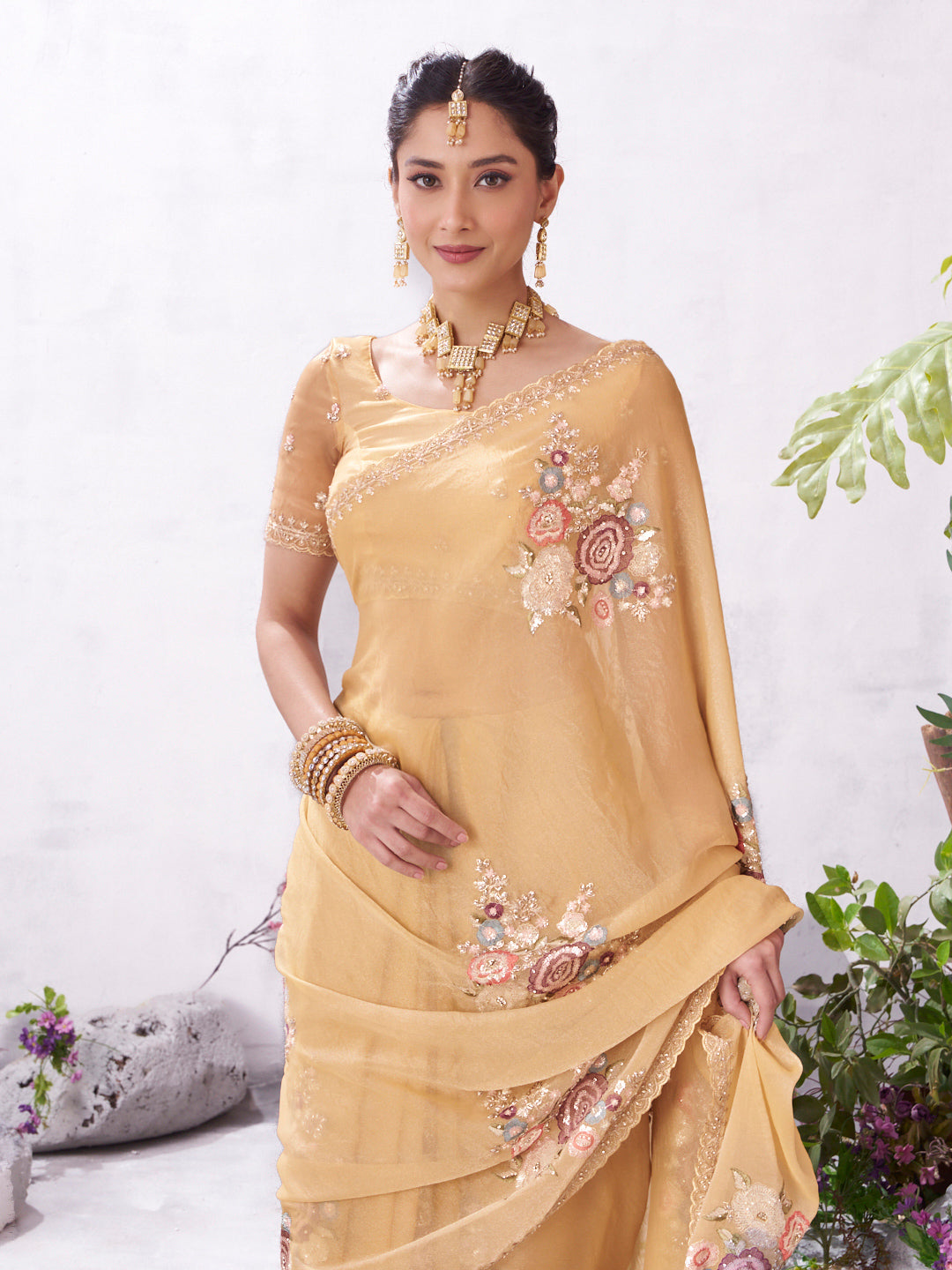 Brown floral embroidery saree stylish drape