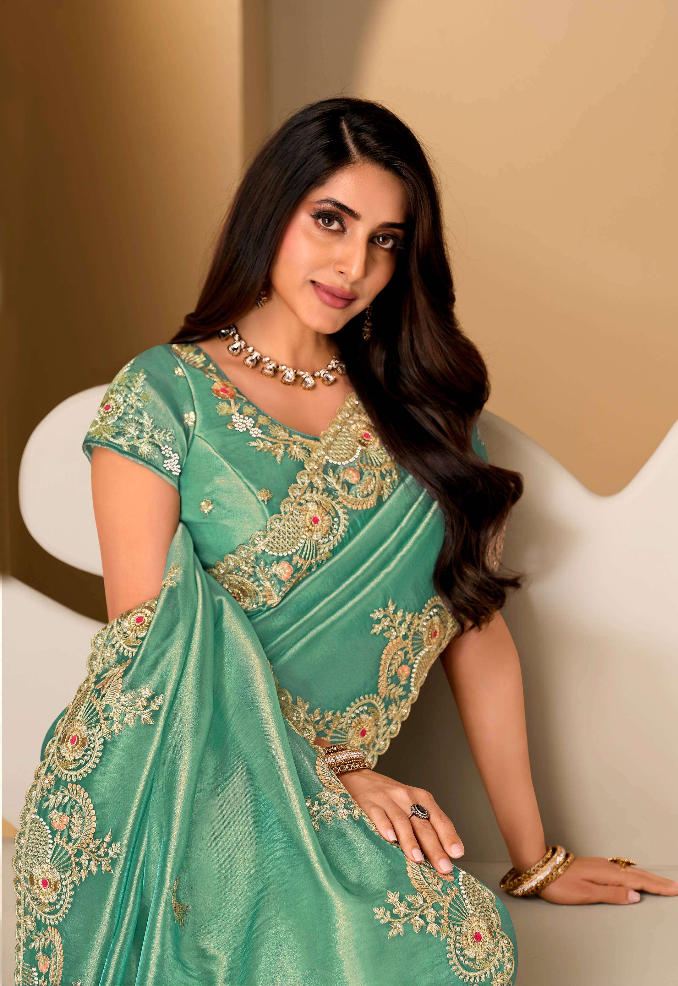 Blue embroidered tissue organza saree party wear