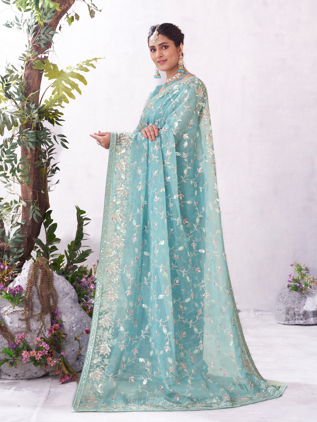 Blue embroidered saree premium look