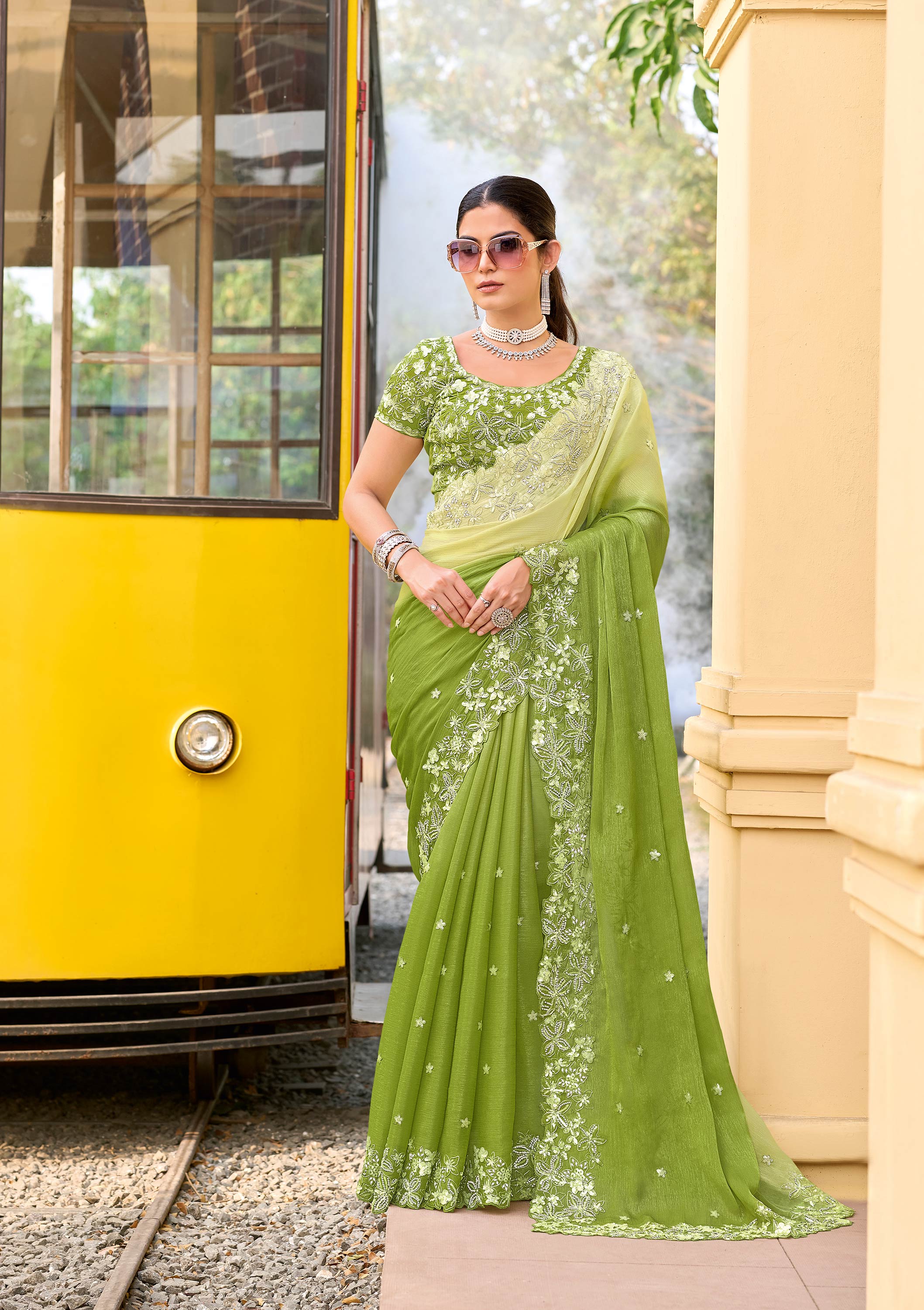 Green chiffon floral embroidered saree