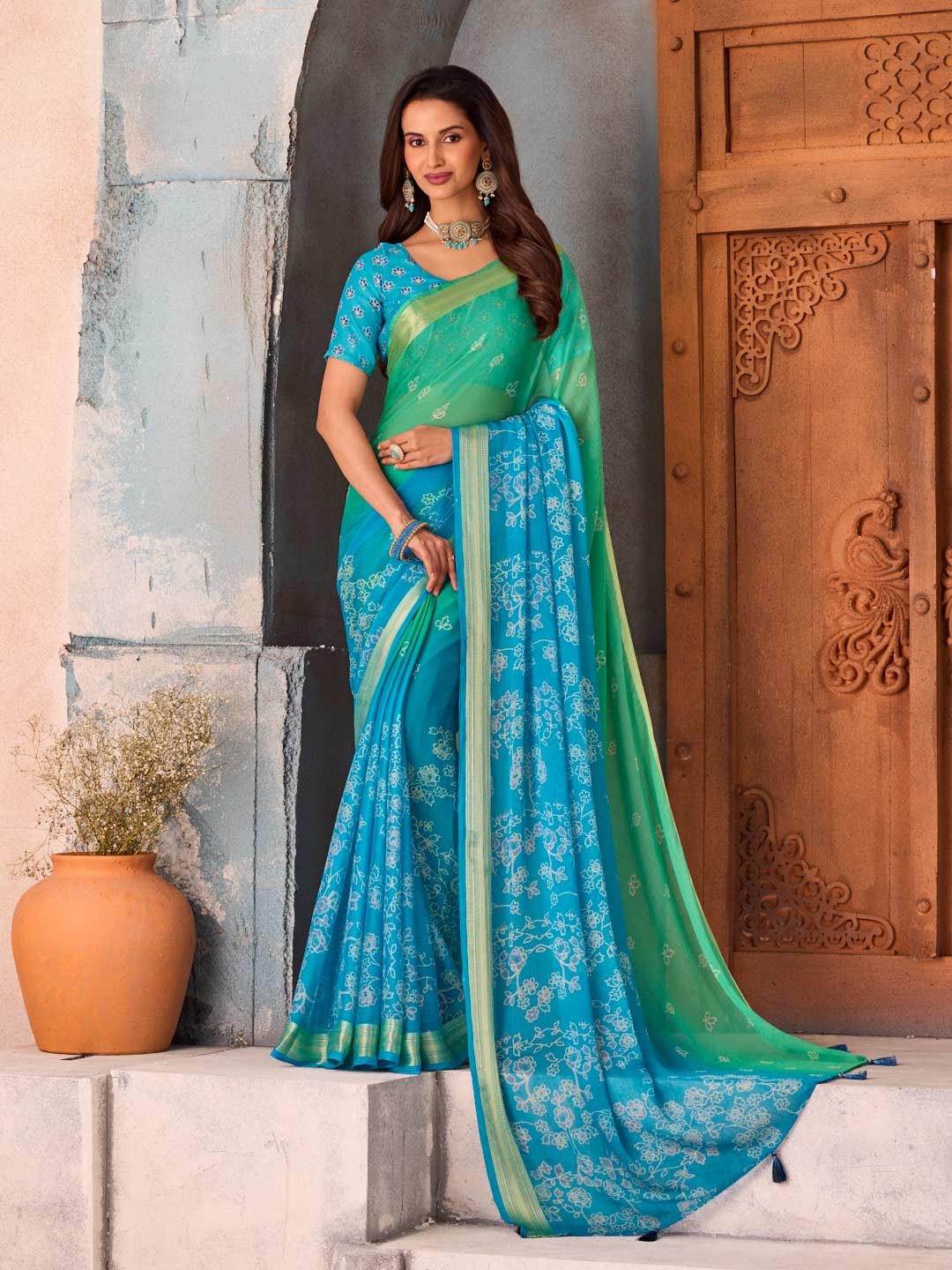 Blue floral printed chiffon saree daily wear
