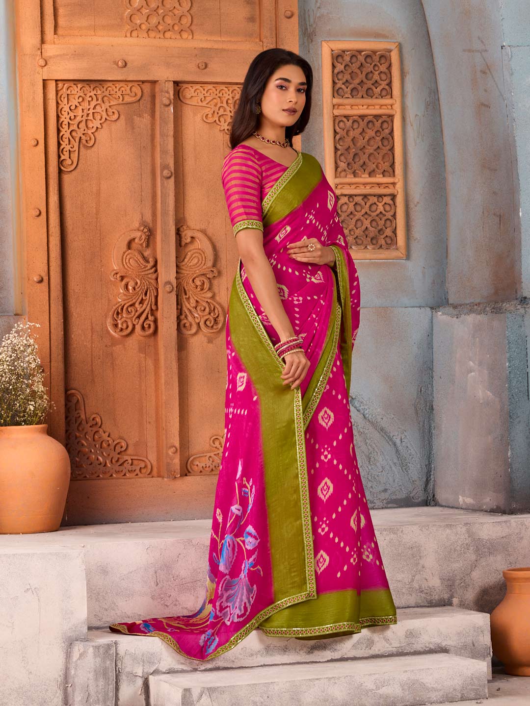 Pink bandhani printed chiffon saree festive wear