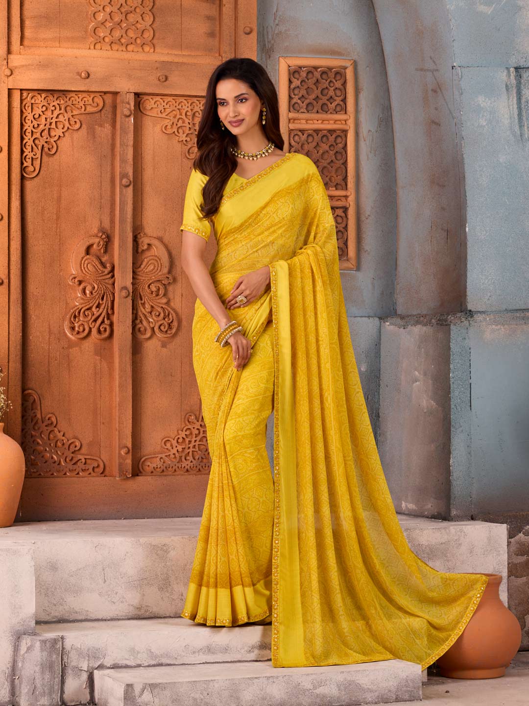 Yellow floral printed georgette saree party wear