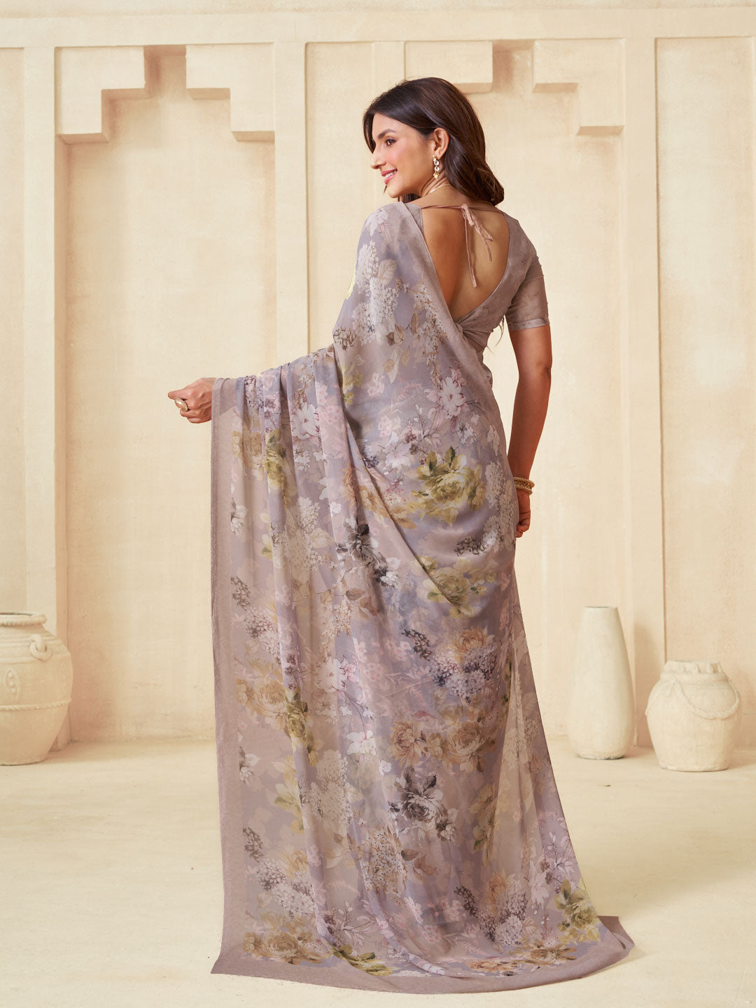 Brown trendy floral saree