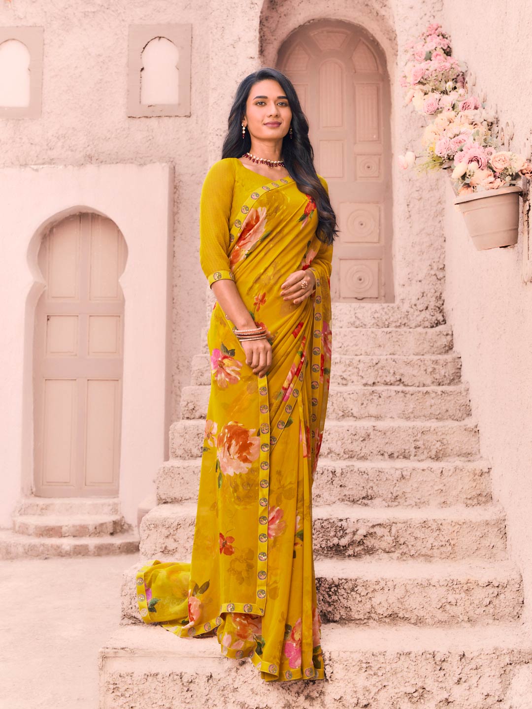 trendy mustard designer saree