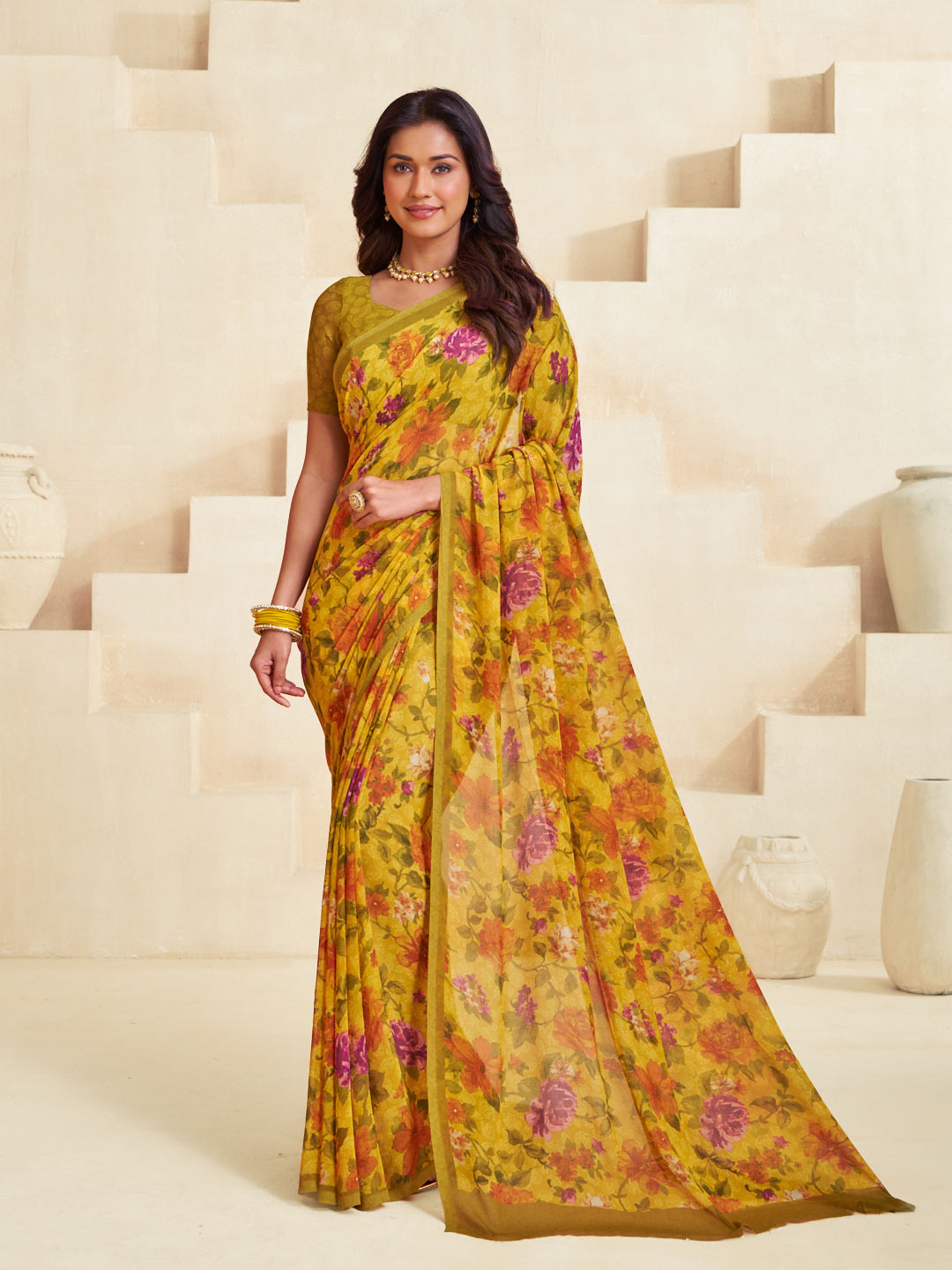 Yellow floral printed georgette saree trendy look