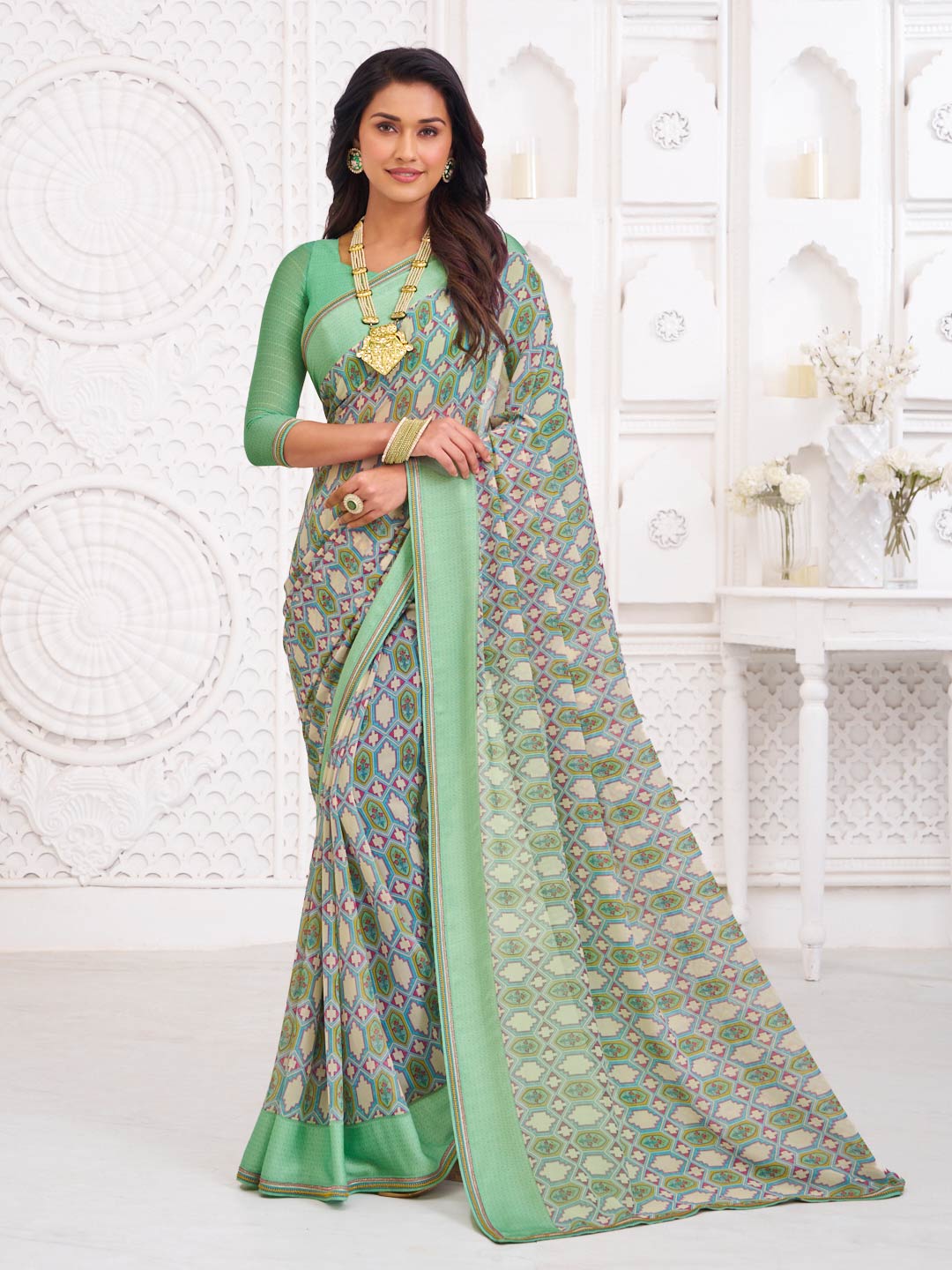 Green georgette modern print saree