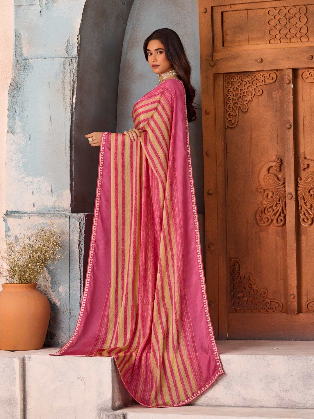 Pink striped silk blend saree daily wear