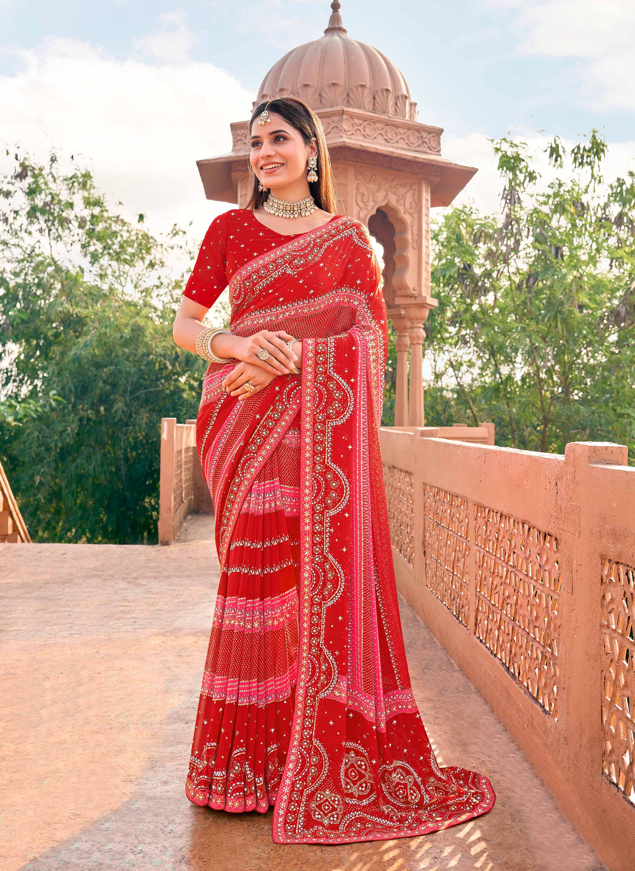 Red bandhani georgette saree with mirror work