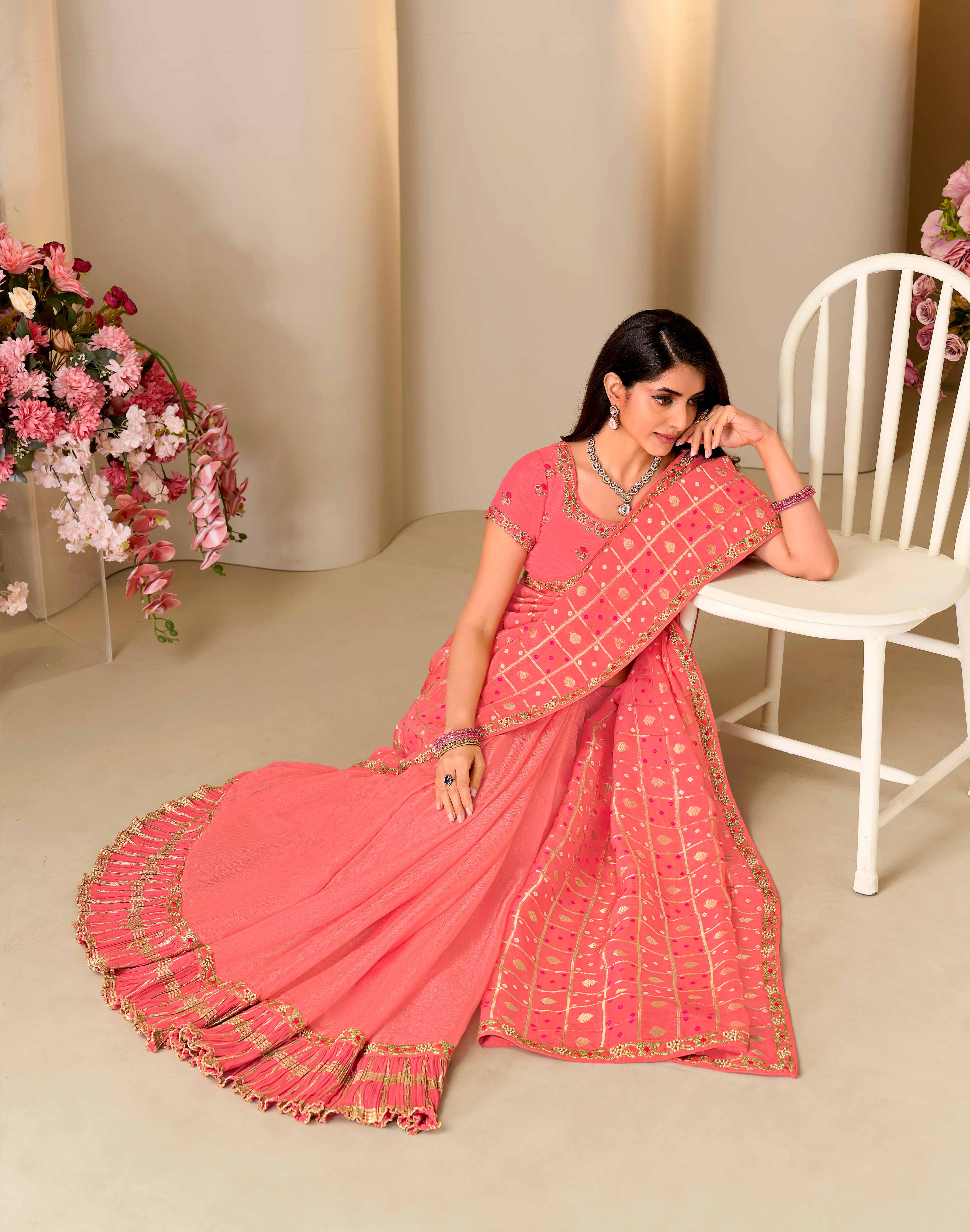 Pink floral embroidered chiffon saree festive wear
