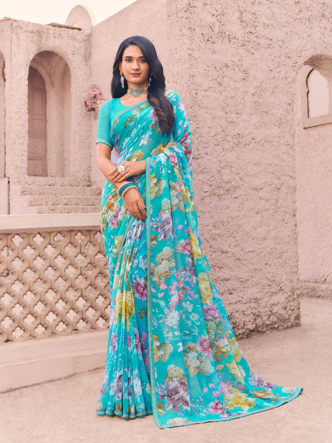 Blue georgette floral print saree