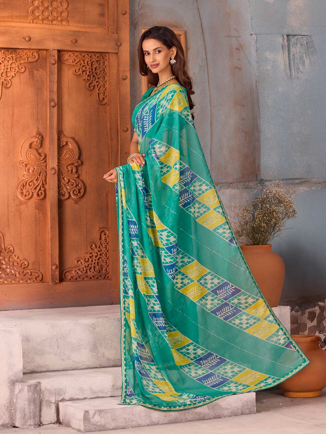 Blue dotted geometric printed chiffon saree casual wear