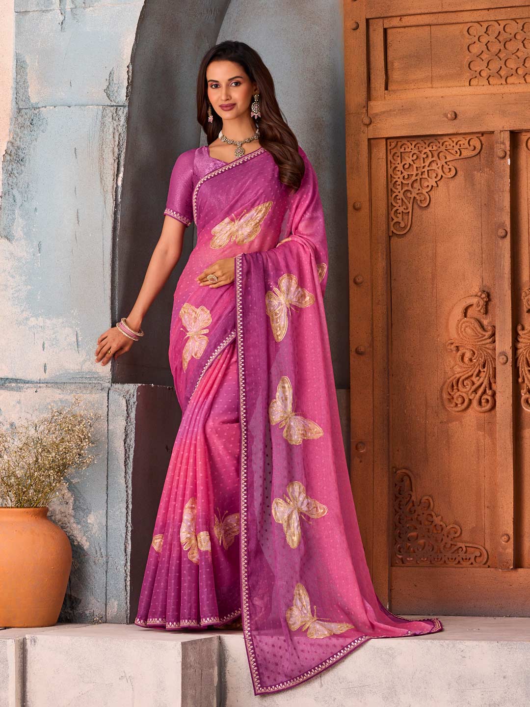 Purple butterfly printed chiffon saree party wear