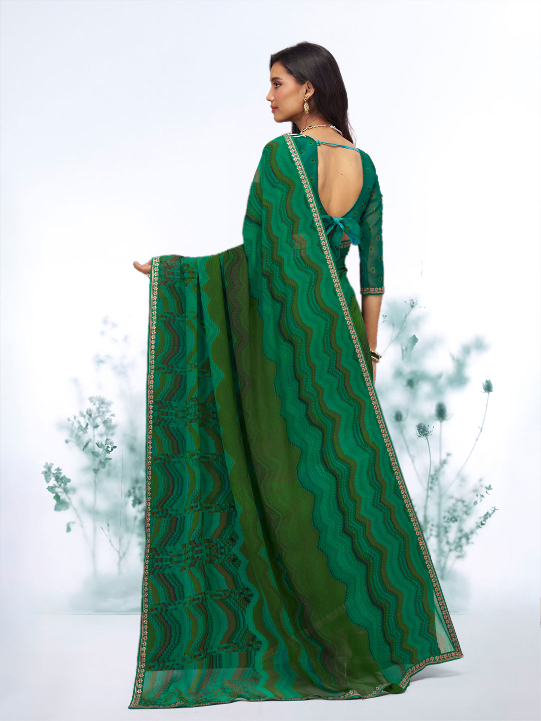 Green geometric printed georgette saree party wear