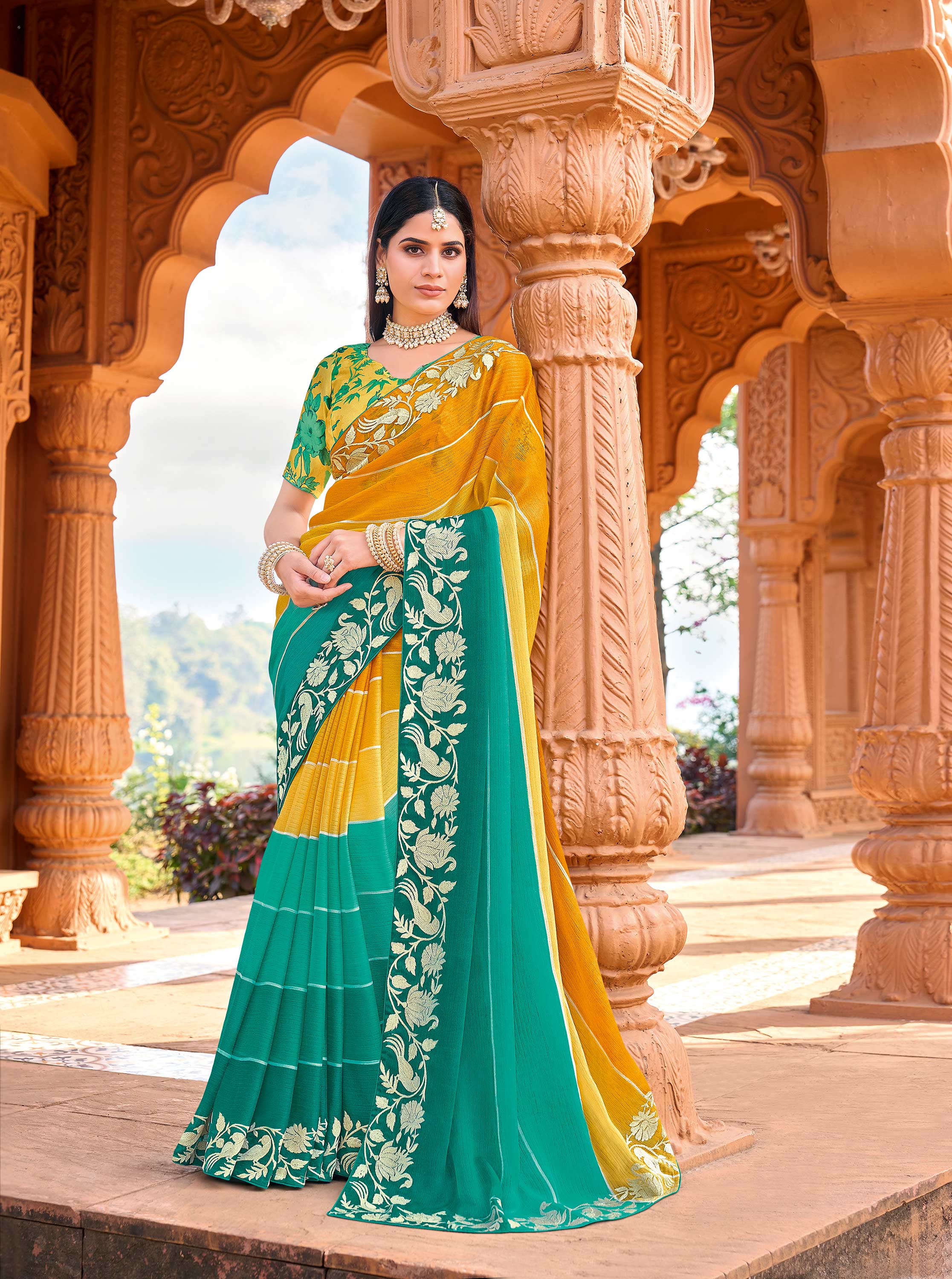 Mustard chiffon embroidered saree with heavy border