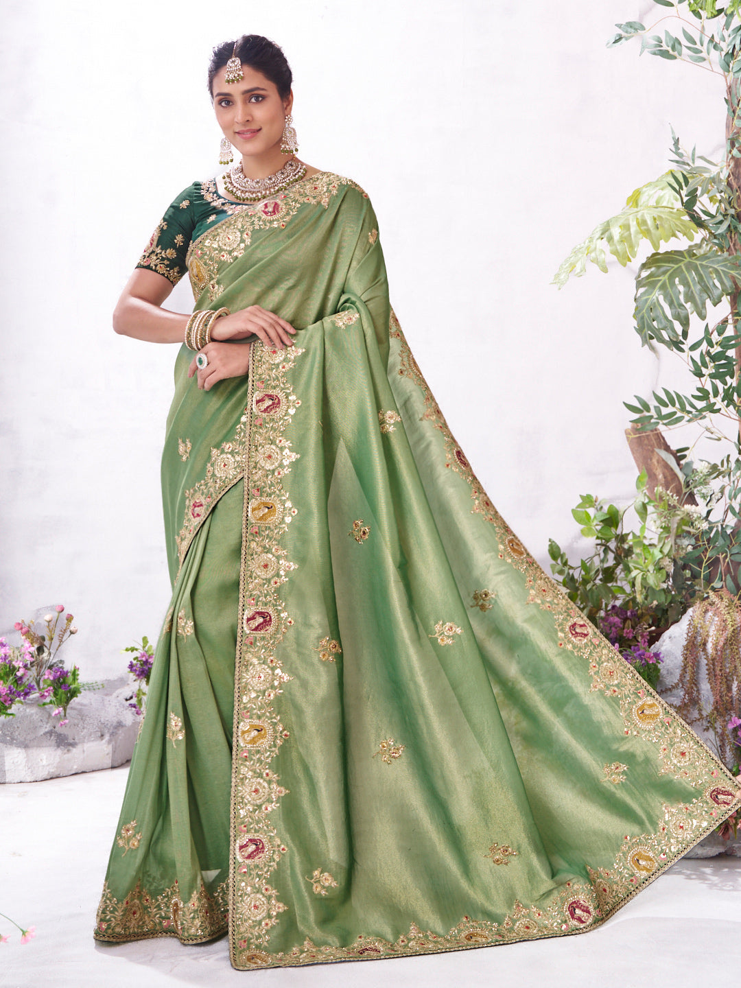 Green floral embroidered silk saree premium wear