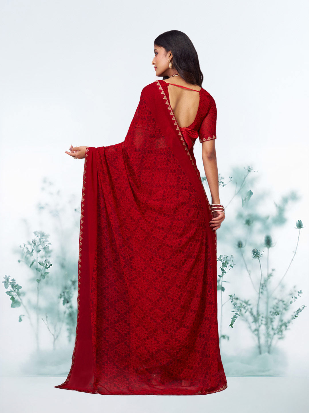Red floral printed georgette saree party wear