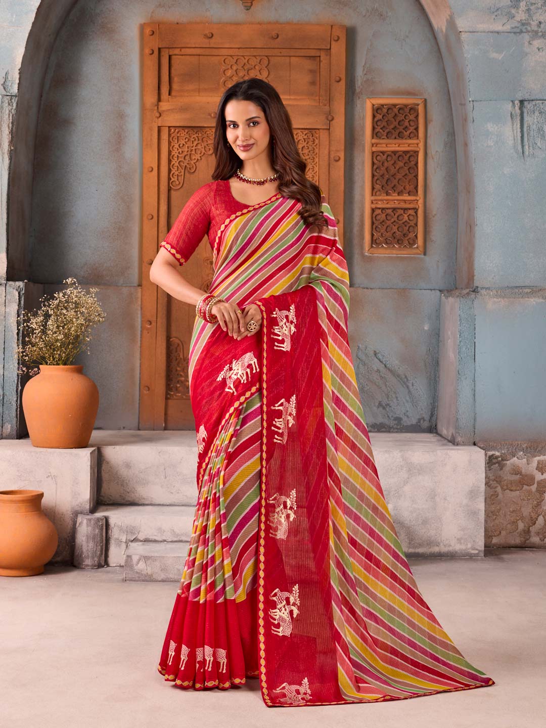 Red striped chiffon saree daily wear