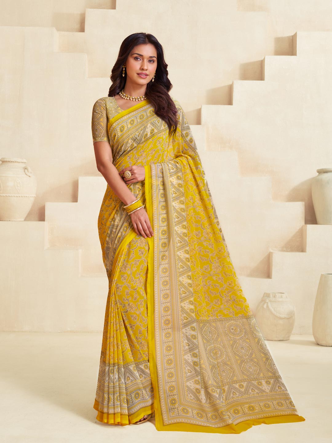 Yellow floral geometric georgette saree trendy style