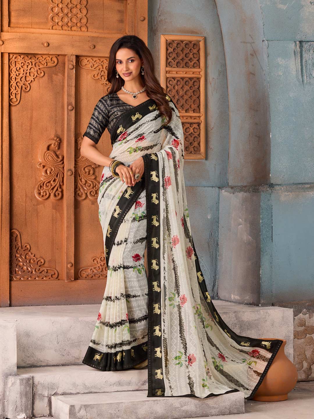 White floral printed chiffon saree festive wear