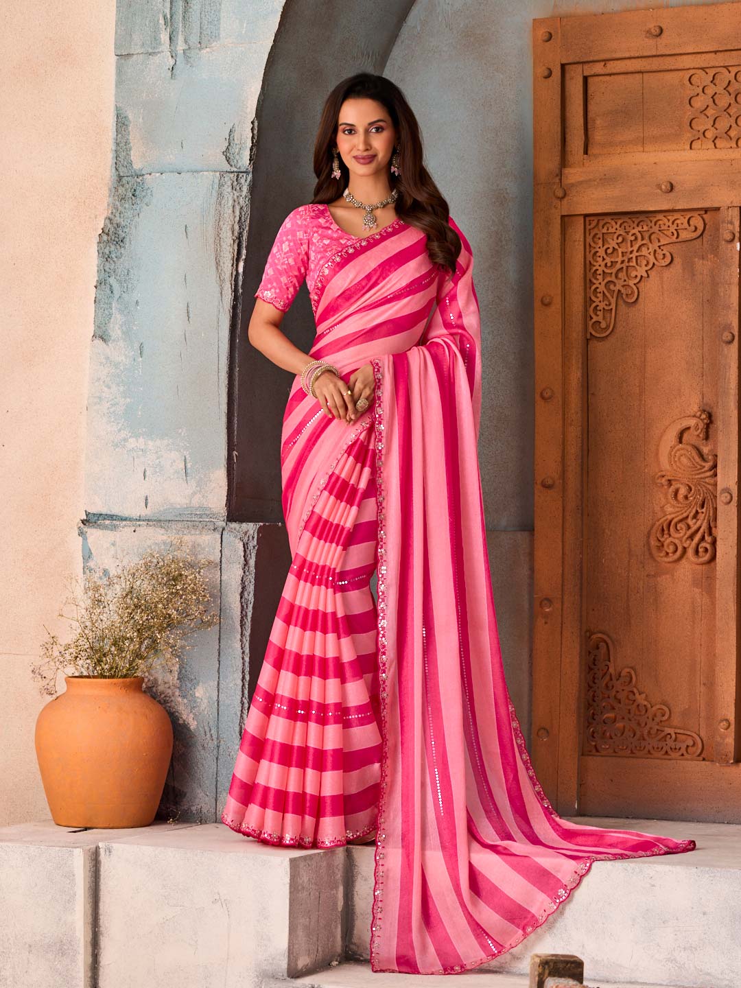 Pink striped sequin silk blend saree party wear