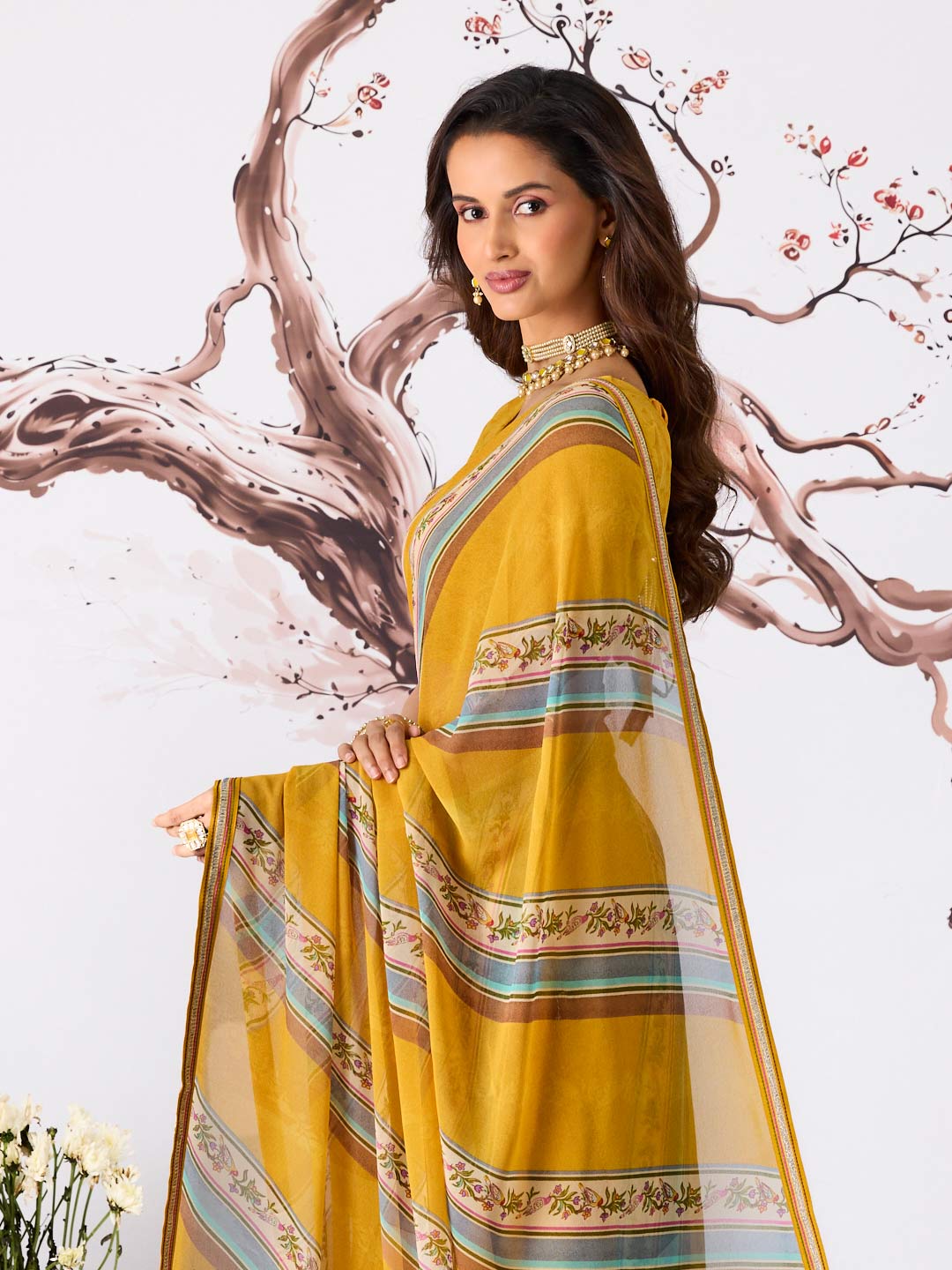 Yellow floral striped printed georgette saree party wear