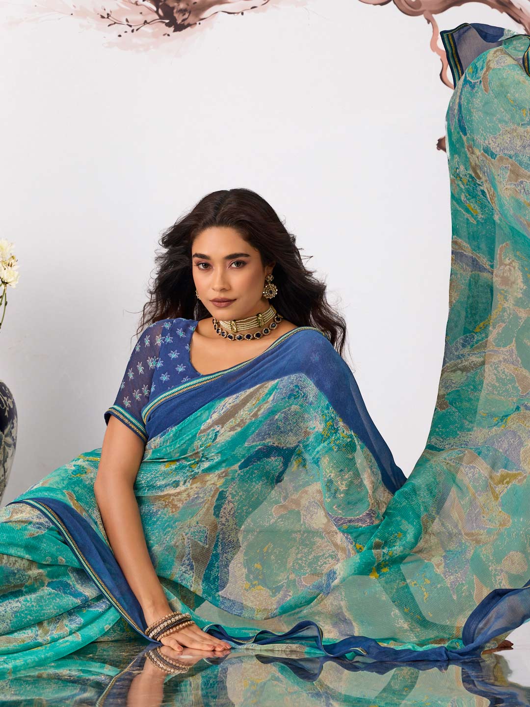 Blue abstract printed georgette saree wedding wear