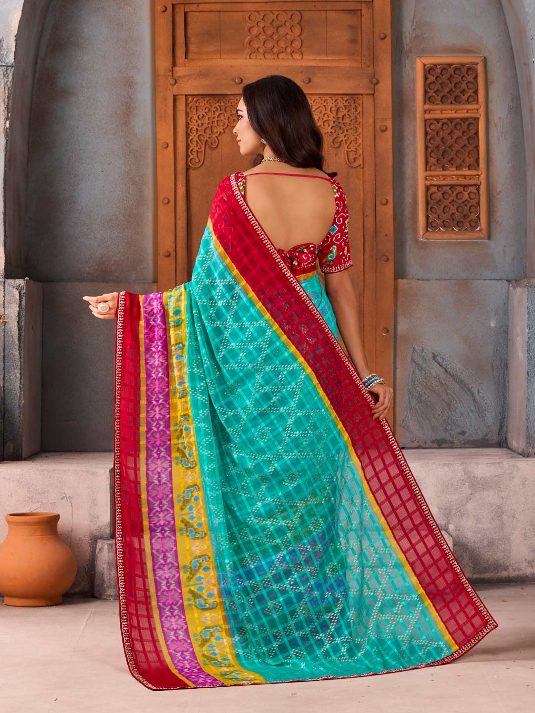 Blue bandhani printed chiffon saree festive wear