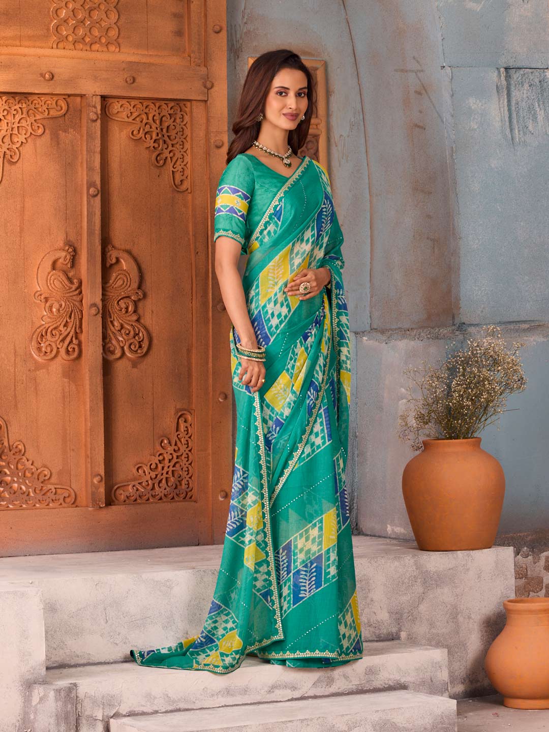Blue embellished geometric printed chiffon saree daily wear