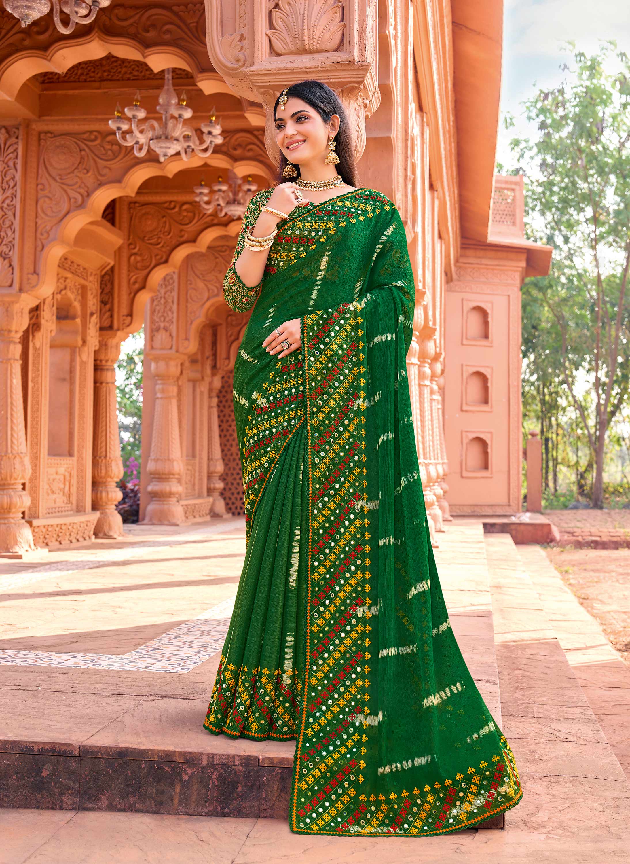 Green bandhani print chiffon saree with embroidery