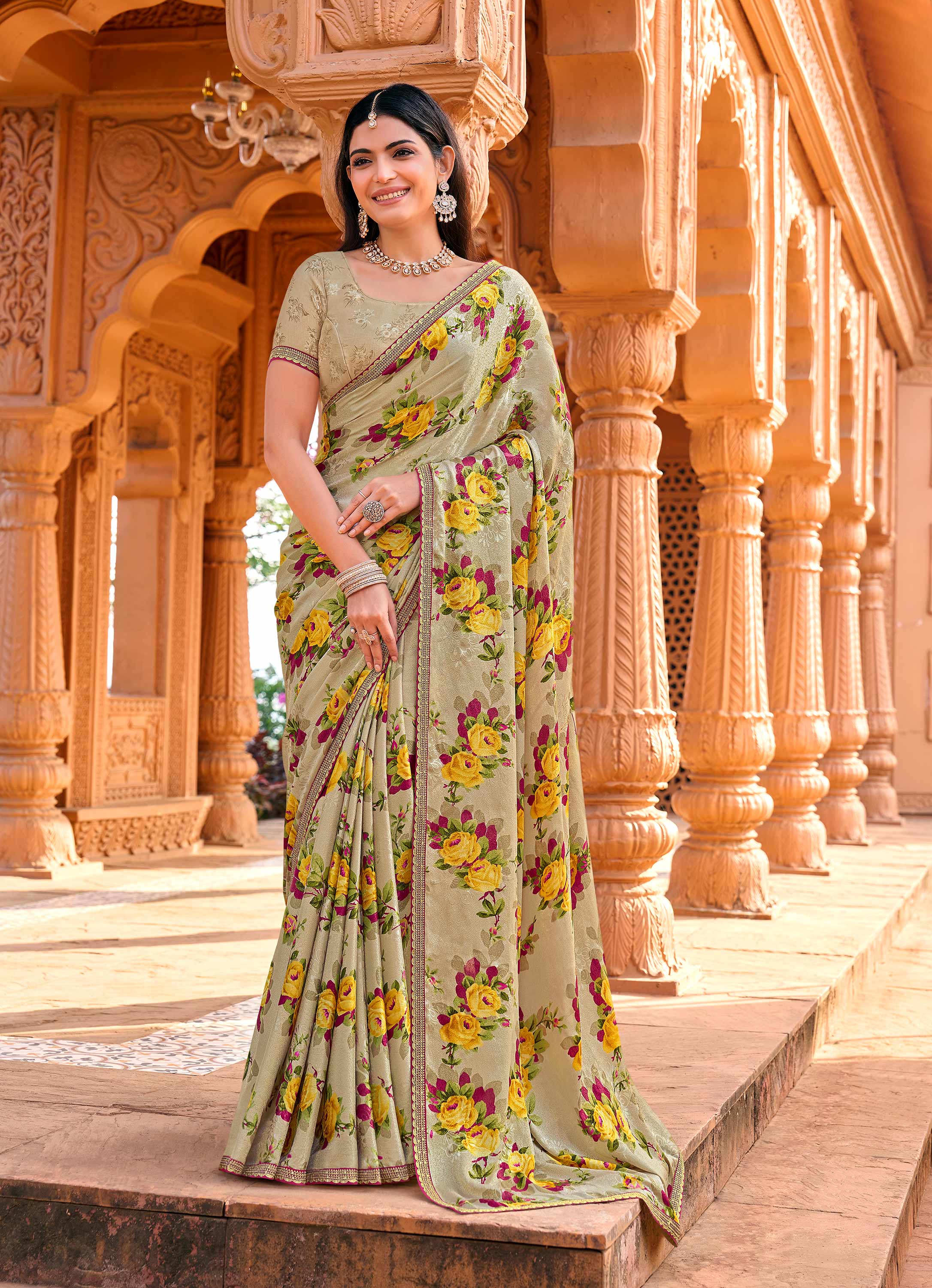 Brown silk blend multicolor floral printed saree