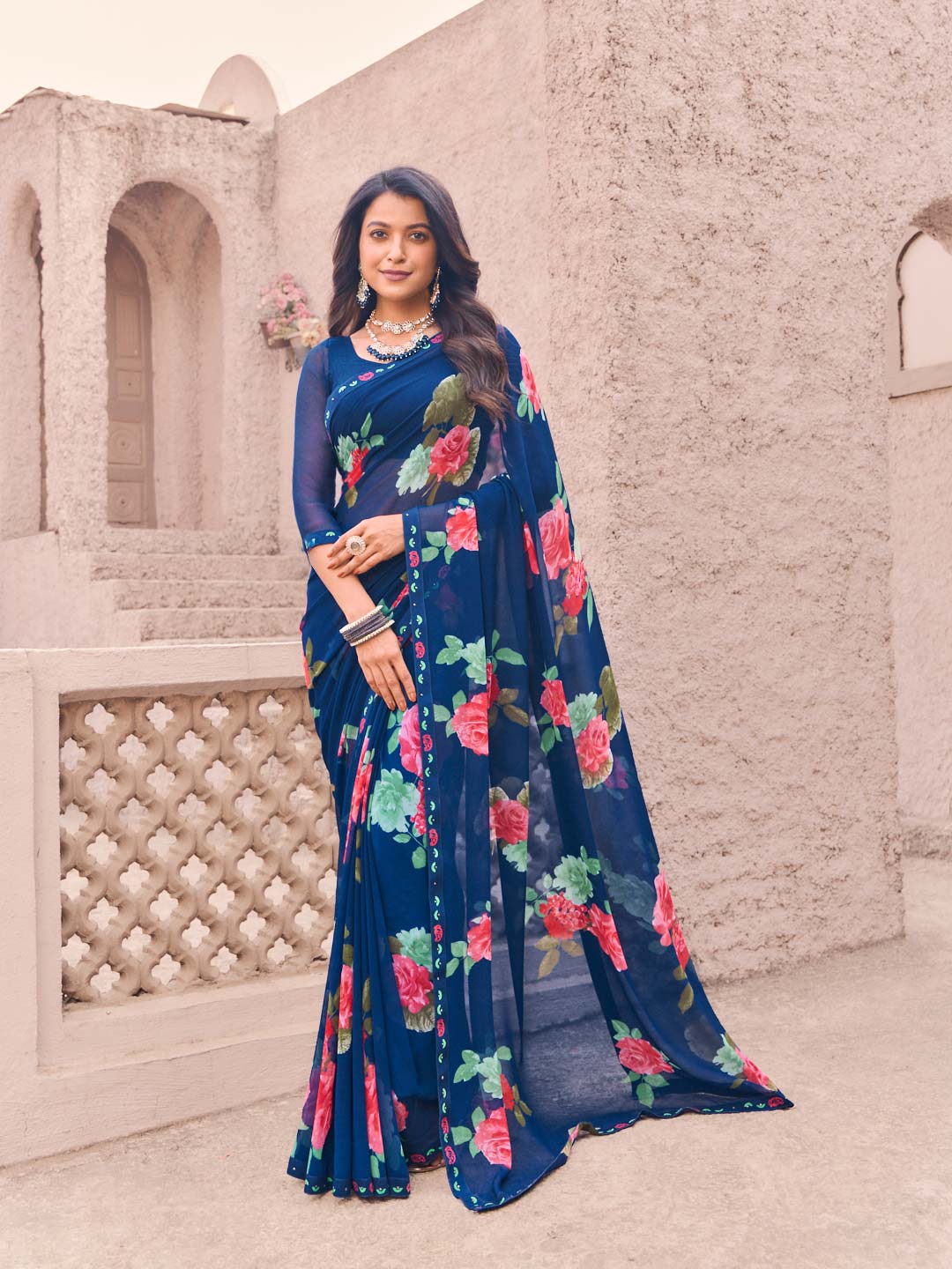 Navy blue georgette digital print saree