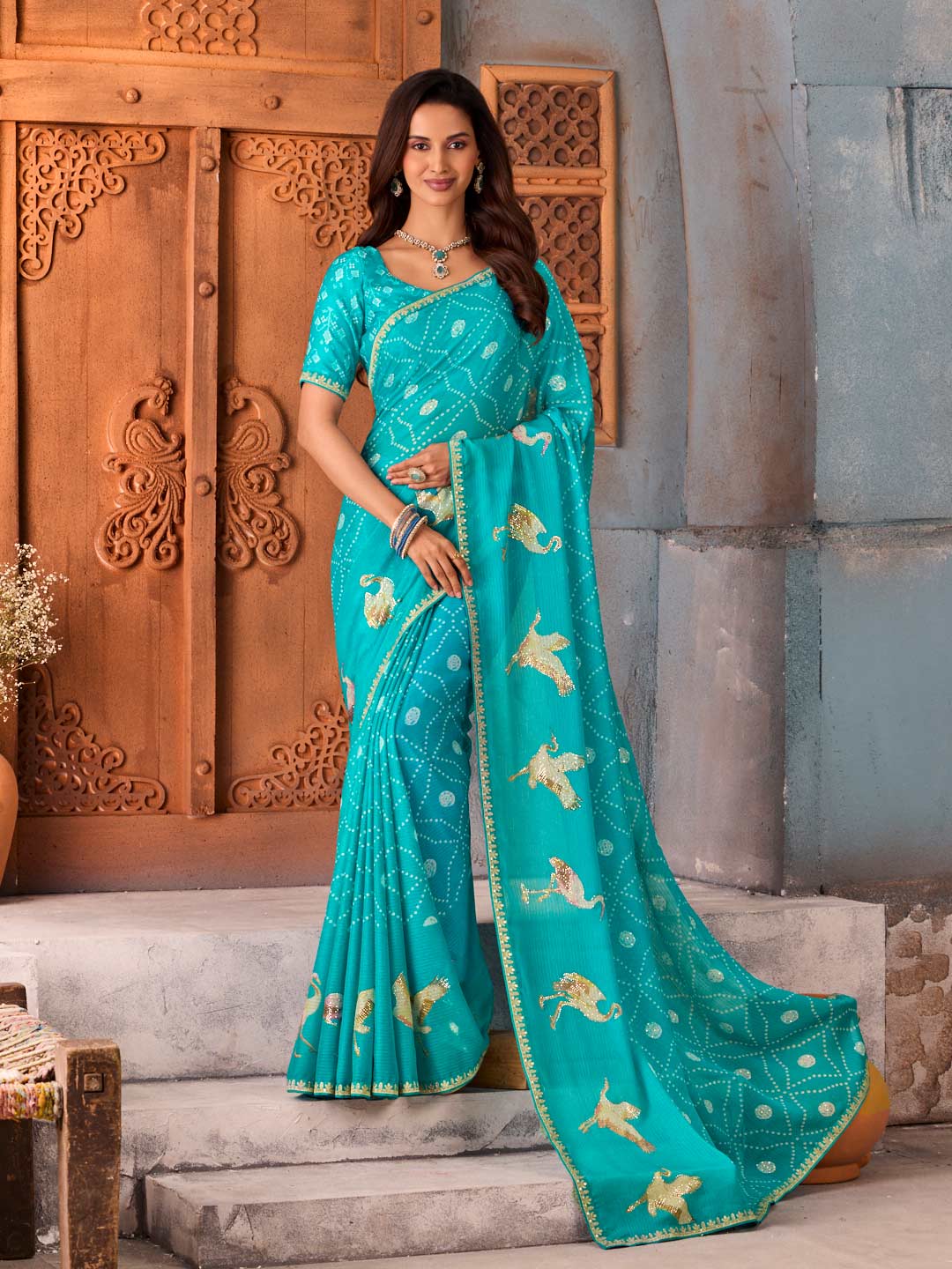 Blue bandhani embroidered silk blend saree festive wear