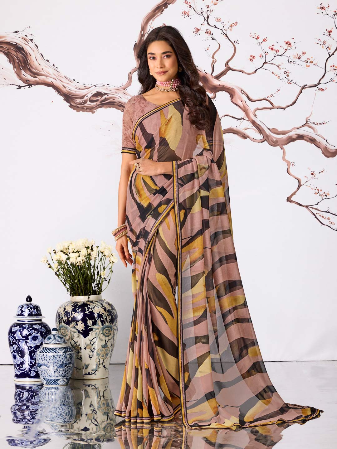Brown abstract printed georgette saree party wear