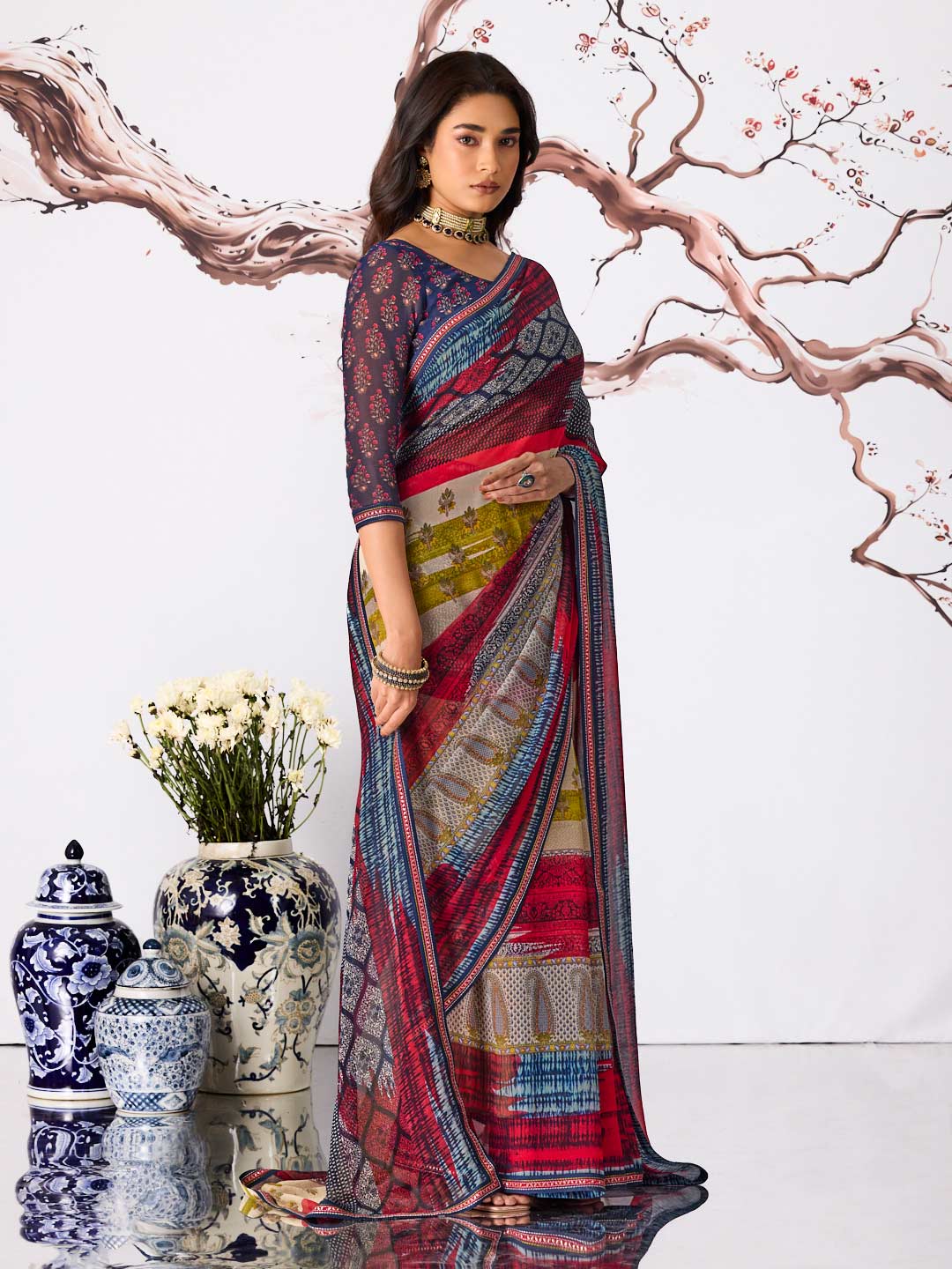 Multicolor abstract printed georgette saree festive wear