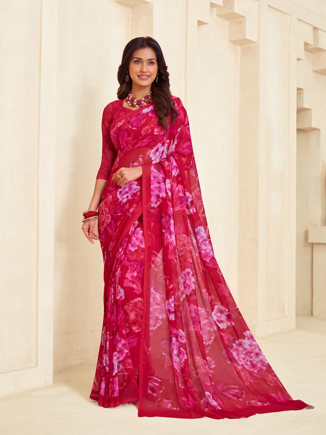 Pink floral printed georgette saree elegant style