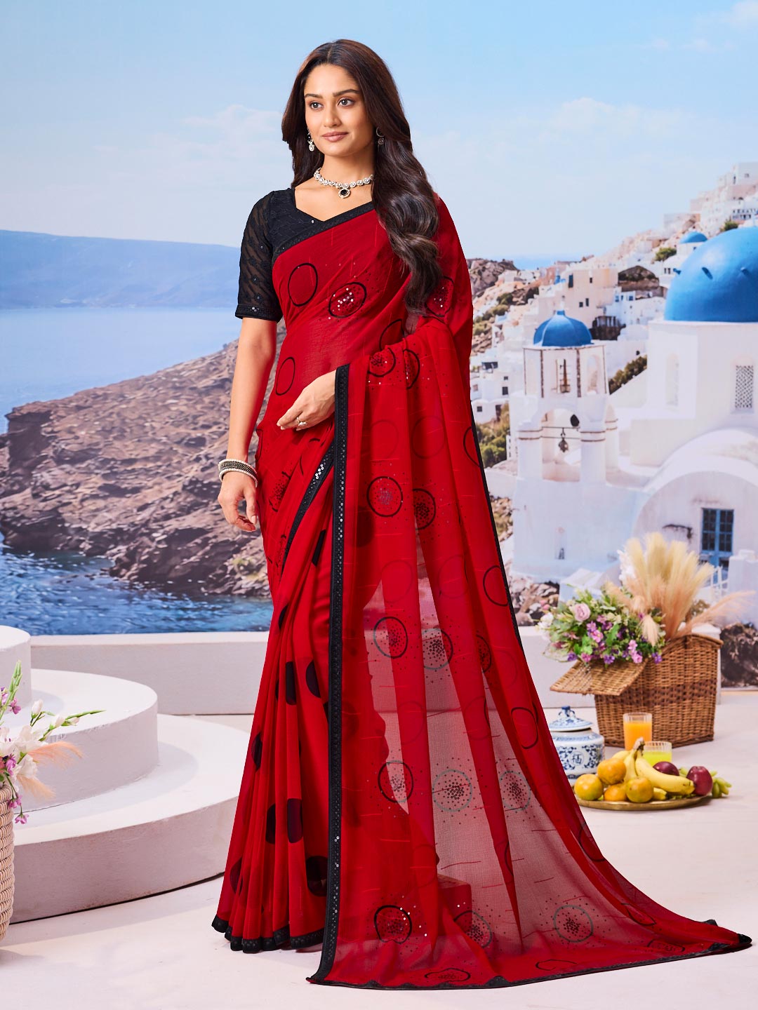 Red geometric sequin georgette saree party wear