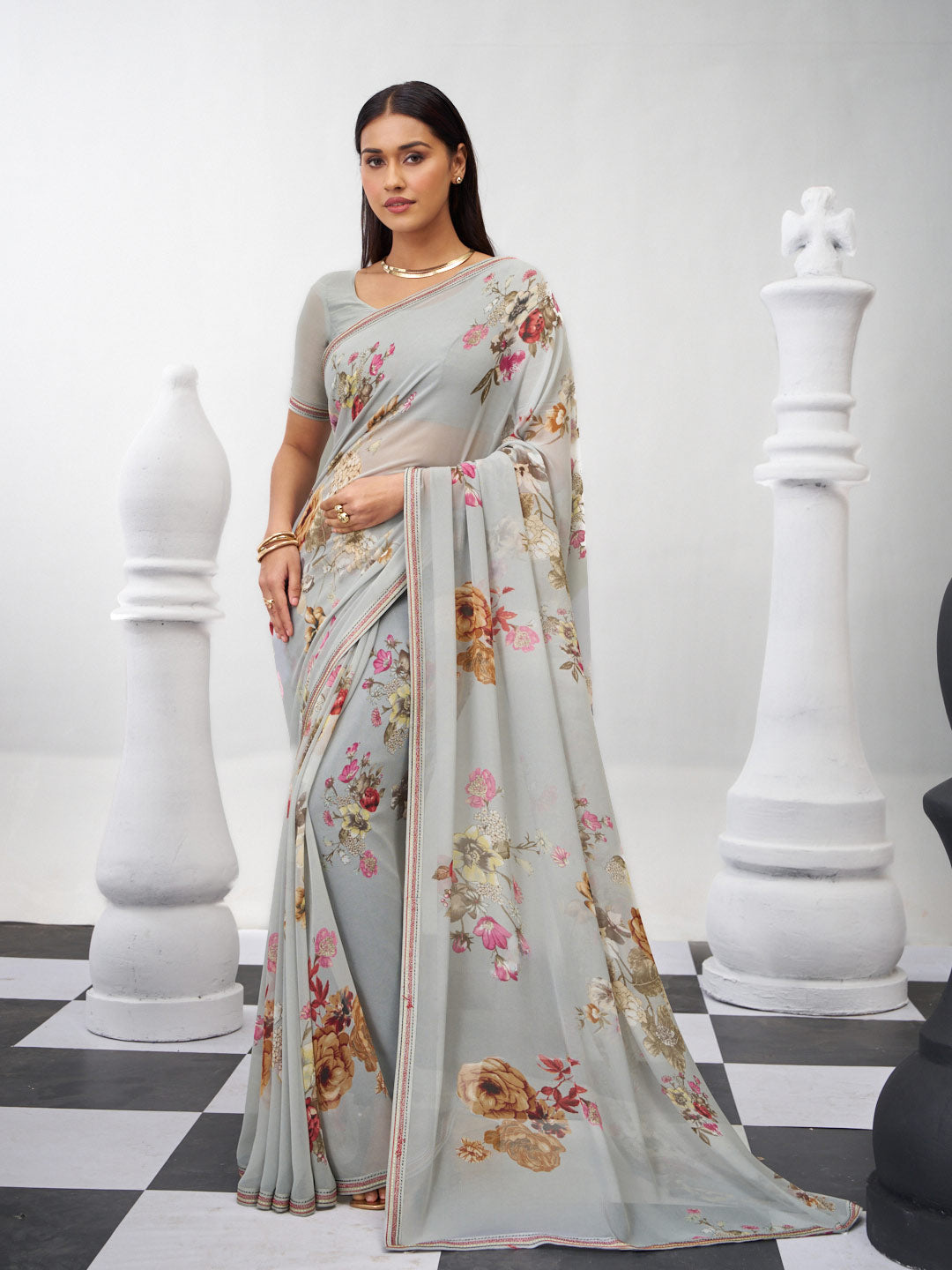 Grey floral printed georgette saree daily wear