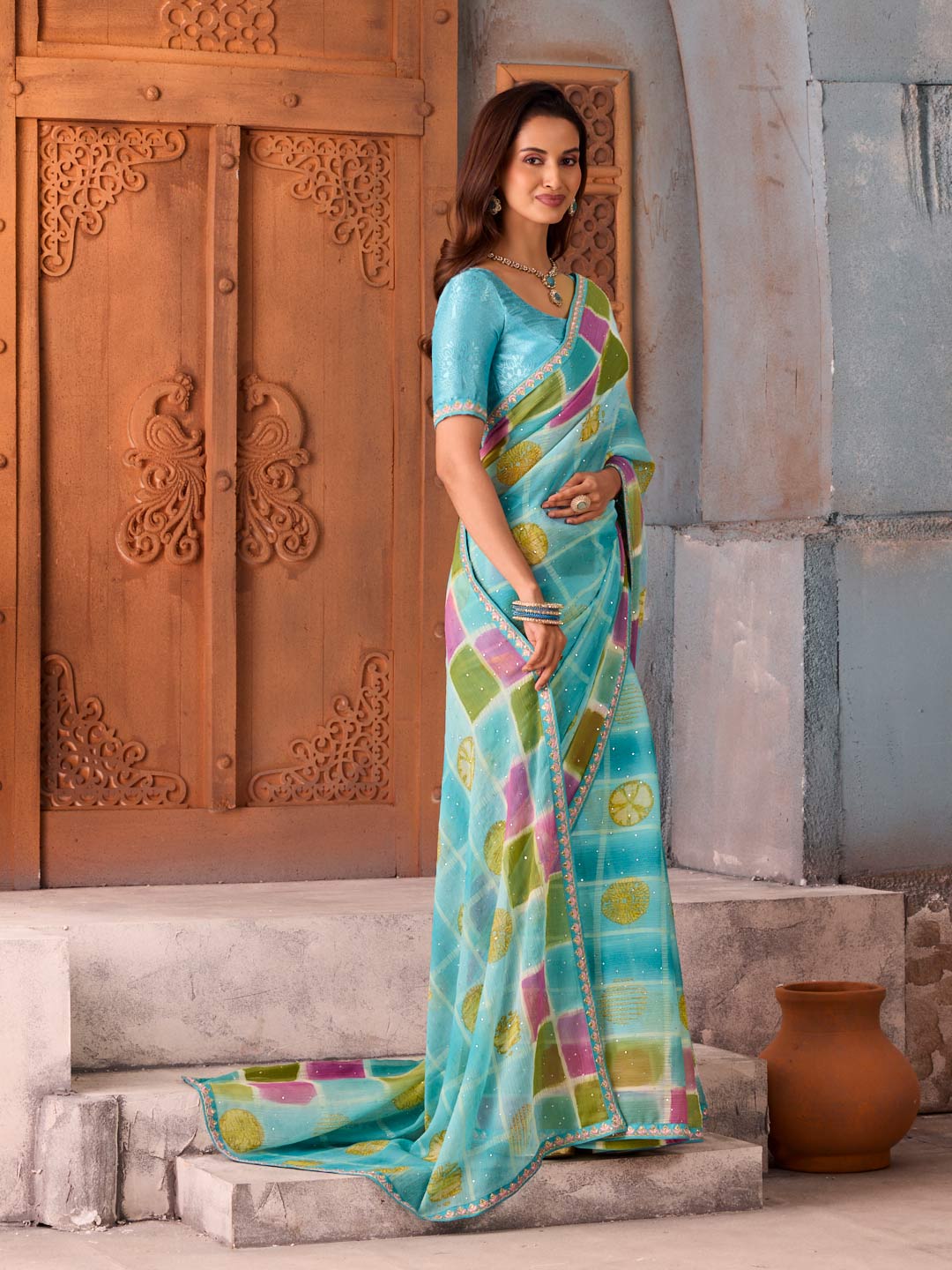 Blue checkered chiffon saree daily wear